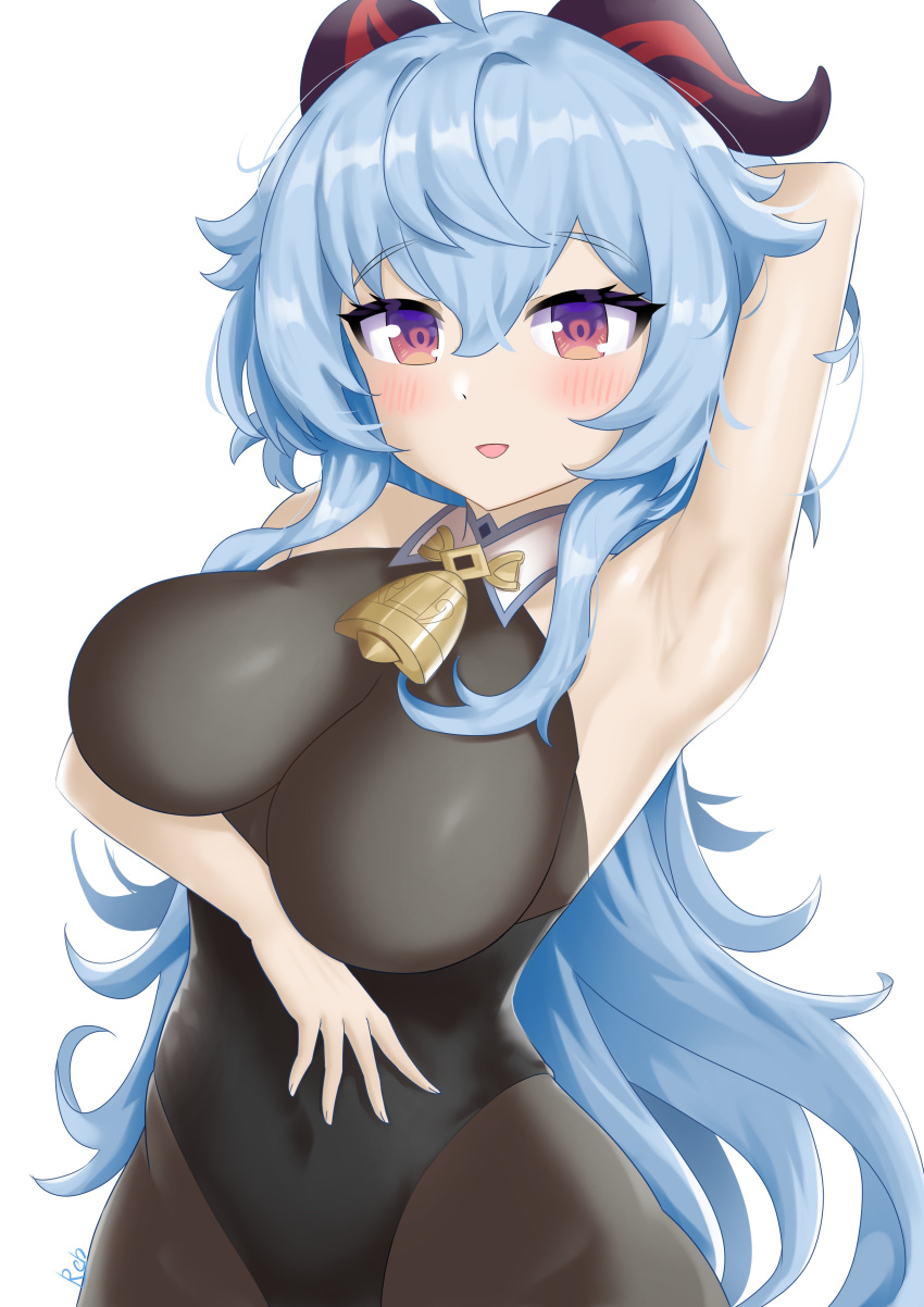 1girl, absurdres, ahoge, arm_under_breasts, arm_up, armpits, artist_name, bangs, bare_arms, bell, black_legwear, black_leotard, blue_hair, blush, bodystocking, bodysuit, breasts, covered_navel, eyebrows_visible_through_hair, ganyu_(genshin_impact), genshin_impact, highres, horns, large_breasts, leotard, leotard_under_clothes, long_hair, looking_at_viewer, low_ponytail, neck_bell, no_gloves, open_mouth, rebelium, sidelocks, sleeveless, smile, solo, standing, thighs, violet_eyes, white_background