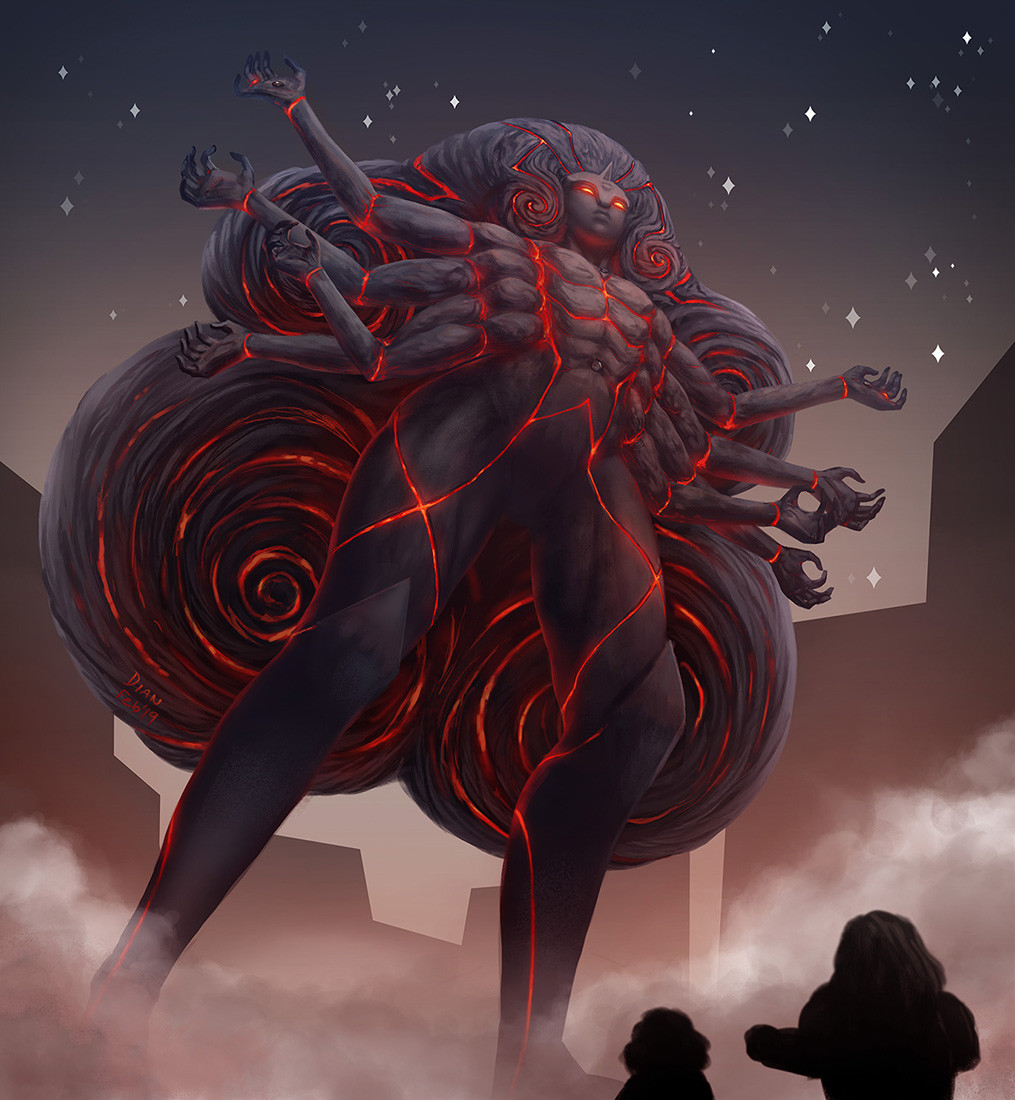 1girl, 2boys, absurdly_long_hair, artist_request, curly_hair, expressionless, extra_arms, giant, giantess, greg_universe, lips, long_hair, multiple_boys, obsidian_(steven_universe), rubydian, solo, statue, steven_quartz_universe, steven_universe, stone, thick_lips, thigh-highs, too_many, very_long_hair