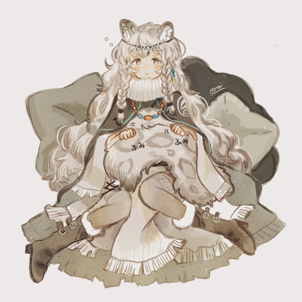 1girl, ahoge, animal_ears, arknights, black_cape, black_footwear, blush, boots