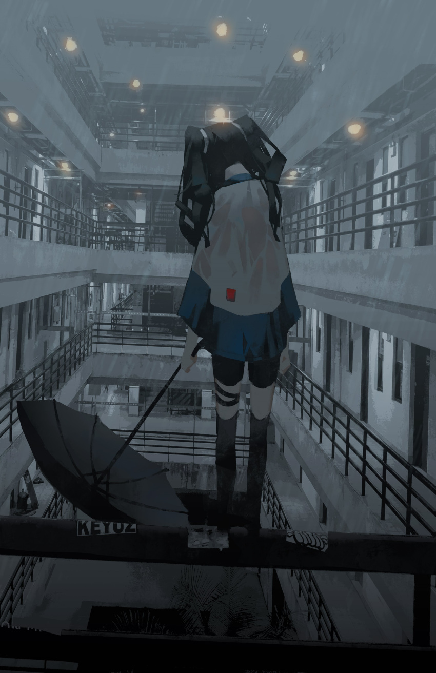1girl, absurdres, bike_shorts, black_hair, black_legwear, black_shorts, blue_shirt, commentary_request