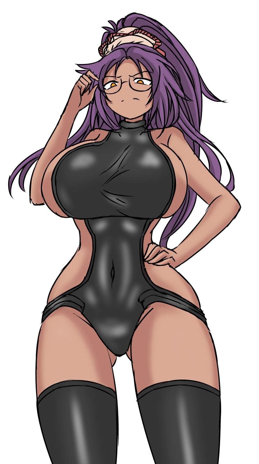 1girl, absurdres, ass_visible_through_thighs, bleach, breasts, dark_skin, deculture, disdain