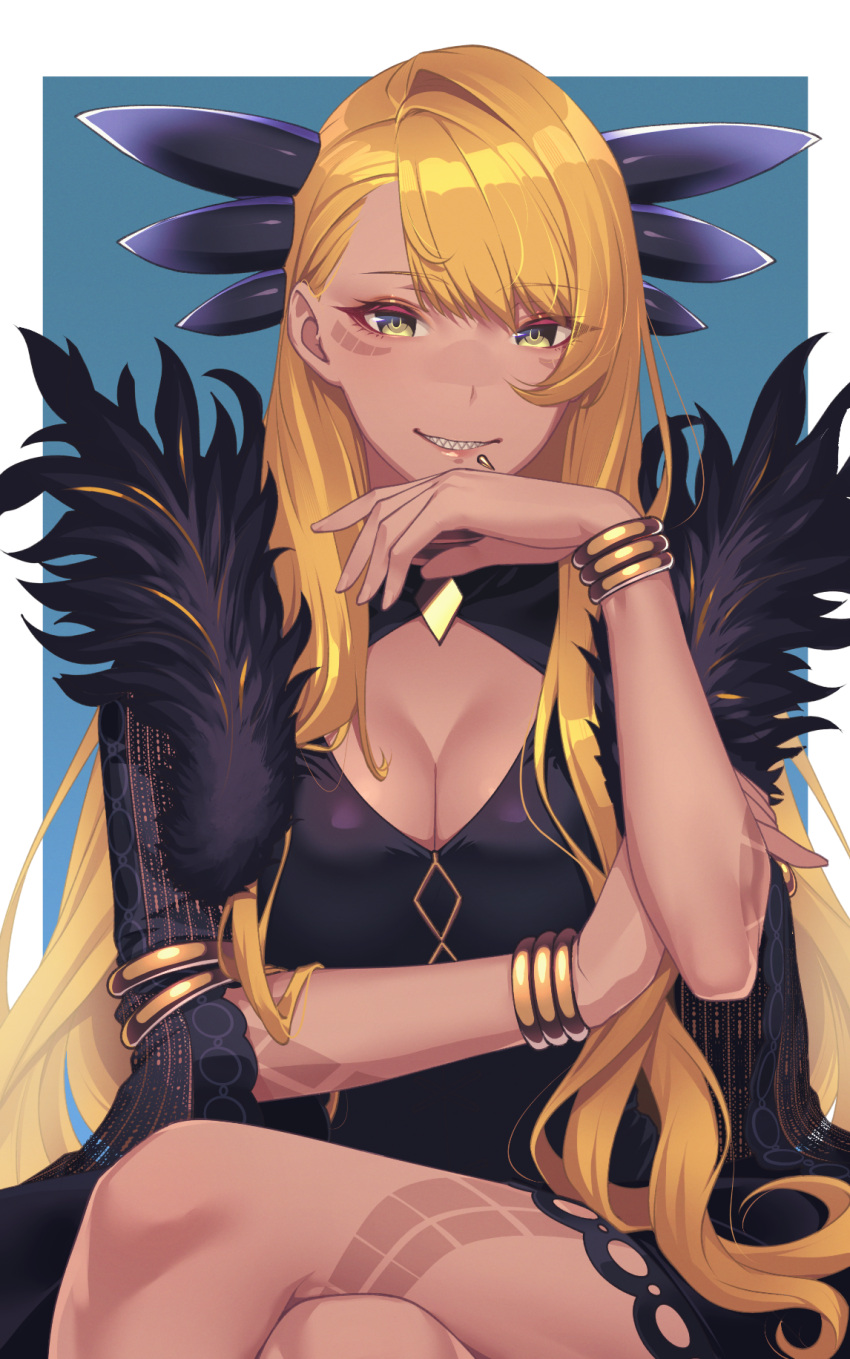 1girl, armlet, bangs, black_dress, blonde_hair, blush, bracelet, breasts