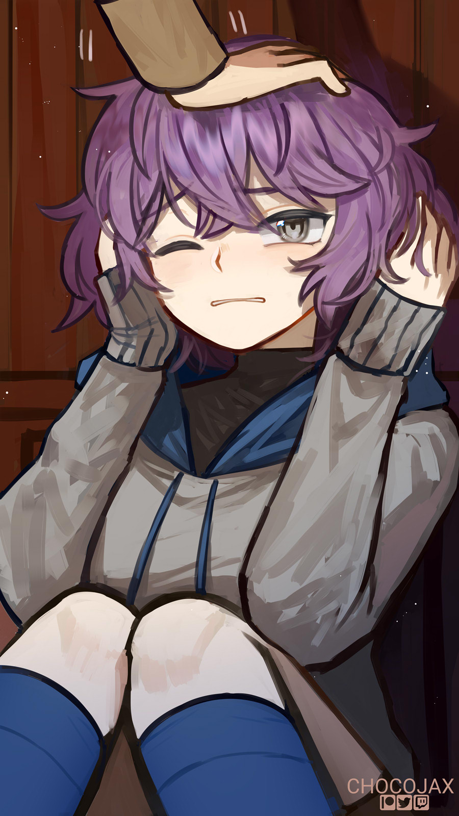1girl, artist_name, bangs, bernadetta_von_varley, blue_legwear, chocojax, commentary, eyebrows_visible_through_hair
