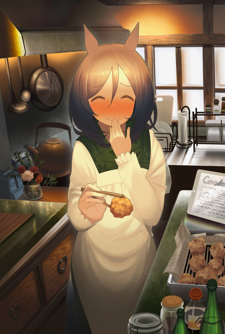 1girl, ^_^, animal_ears, apron, ashinowoto, bangs, black_hair, blush