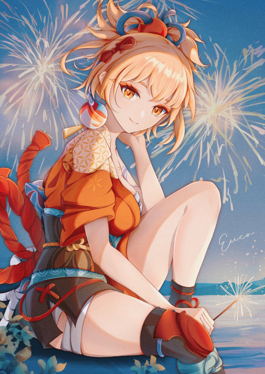 1girl, aerial_fireworks, artist_name, bandaged_arm, bandaged_leg, bandages, bangs, black_legwear