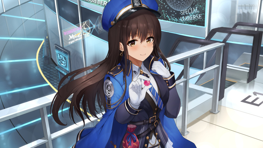 1girl, ayul_(ayulneri_92), bangs, blush, breasts, brown_eyes, brown_hair, diesel_(goddess_of_victory:_nikke), gloves, goddess_of_victory:_nikke, highres, large_breasts, long_hair, long_sleeves, looking_at_viewer, smile, solo
