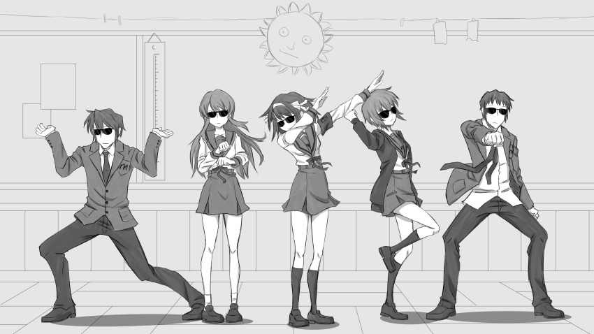 2boys, 3girls, armband, asahina_mikuru, bangs, blazer, cardigan, clenched_hand