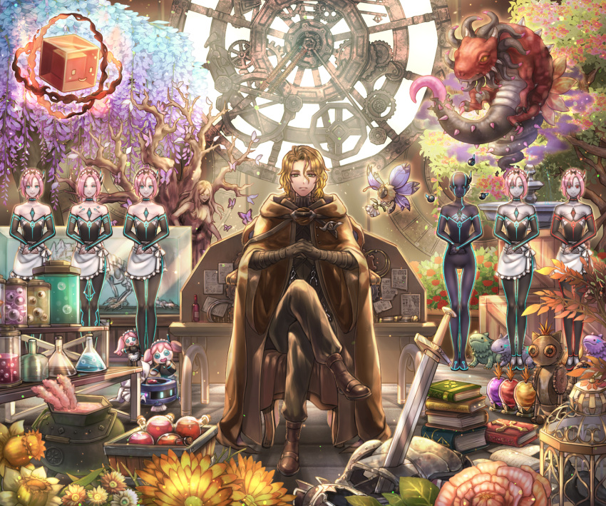 1boy, 6+girls, android, apron, armor, bangs, black_dress, black_skin, blonde_hair, blue_eyes, book, book_stack, bottle, brown_cloak, brown_gloves, brown_pants, brown_shirt, bug, bush, butterfly, button_eyes, cage, cauldron, chair, cloak, closed_mouth, colored_skin, commentary_request, crossed_legs, dress, erlenmeyer_flask, eyeball, flask, flower, frilled_apron, frills, full_body, gears, gloves, green_eyes, grey_skin, hair_between_eyes, highres, interlocked_fingers, jar, joints, lizard, looking_at_viewer, maid, maid_headdress, mansion_manager, misuguu, multiple_girls, off-shoulder_dress, off_shoulder, orange_flower, pants, papilla, pink_hair, pitaya_(ragnarok_online), pitaya_boss, potion, ragnarok_online, red_flower, red_pepper_(ragnarok_online), robot, robot_joints, roomba, shirt, short_hair, silva_papilla, sitting, skeleton, smile, standing, sword, tree, waist_apron, weapon, white_apron