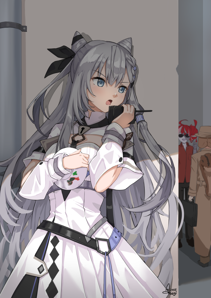 3girls, as4gi, ayunda_risu, bangs, belt, black_belt, black_pants, black_ribbon