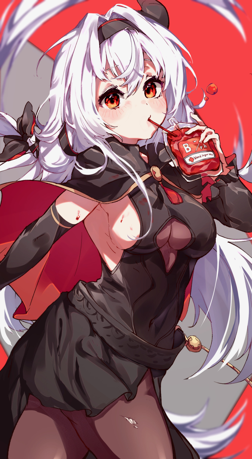 1girl, bangs, black_dress, black_legwear, blood, breasts, cymlim, dress, drinking_straw_in_mouth, elbow_gloves, gloves, guardian_tales, hairband, half_vampire_priscilla, highres, horns, looking_at_viewer, medium_breasts, red_background, red_eyes, sideboob, single_horn, standing, white_hair