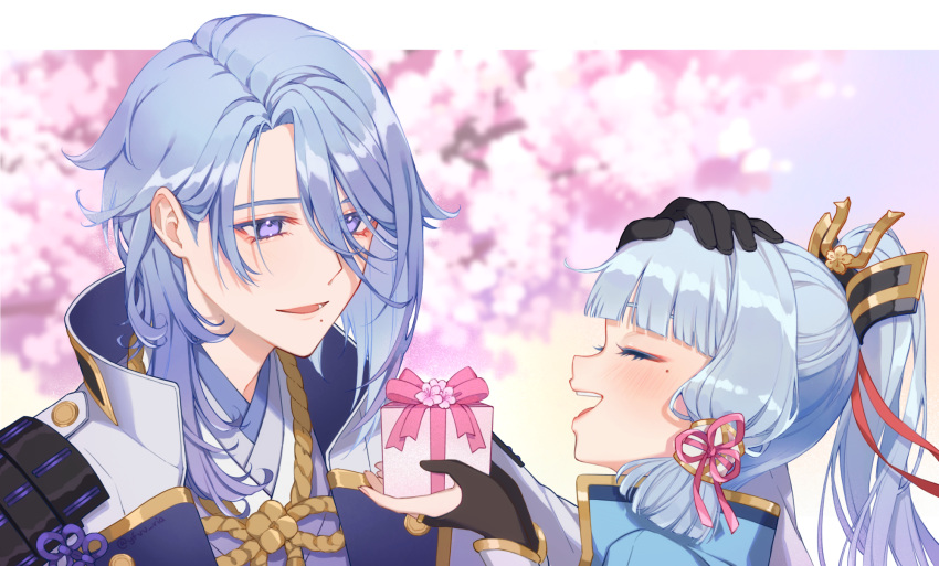 1boy, 1girl, black_gloves, blue_eyes, blue_hair, blush, box, brother_and_sister