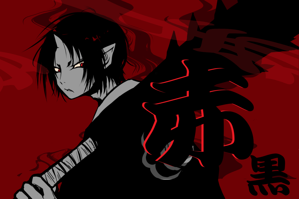 1boy, black_hair, club_(weapon), hoozuki_(hoozuki_no_reitetsu), hoozuki_no_reitetsu, horns, japanese_clothes, kanji