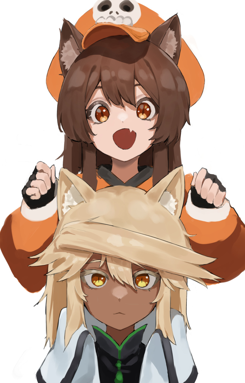 2girls, absurdres, animal_ears, brown_hair, cat_ears, dark-skinned_female, dark_skin, fang, fingerless_gloves, flasso, gloves, guilty_gear, guilty_gear_strive, hat, highres, hood, hoodie, may_(guilty_gear), multiple_girls, orange_eyes, orange_headwear, orange_hoodie, pirate_hat, platinum_blonde_hair, ramlethal_valentine, skin_fang, skull_and_crossbones, white_background
