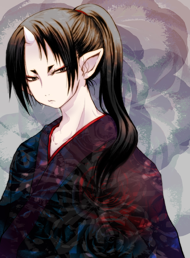 1boy, alternate_hairstyle, black_hair, eyeshadow, hoozuki_(hoozuki_no_reitetsu), hoozuki_no_reitetsu, horns, japanese_clothes, kimono, kirita_(noraring), long_hair, looking_at_viewer, makeup, male_focus, oni_horns, side_ponytail