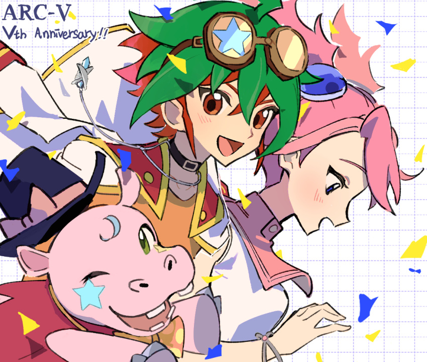 1boy, 1girl, blue_eyes, bracelet, choker, couple, duel_monster, eyes_in_shadow