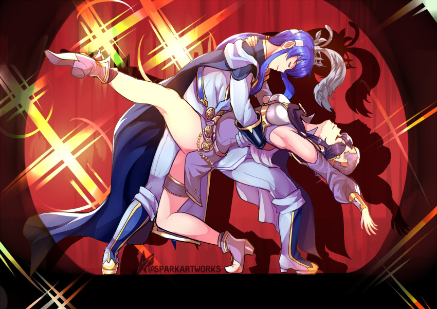 1boy, 1girl, black_hair, blue_hair, cape, closed_eyes, curtains, dancing