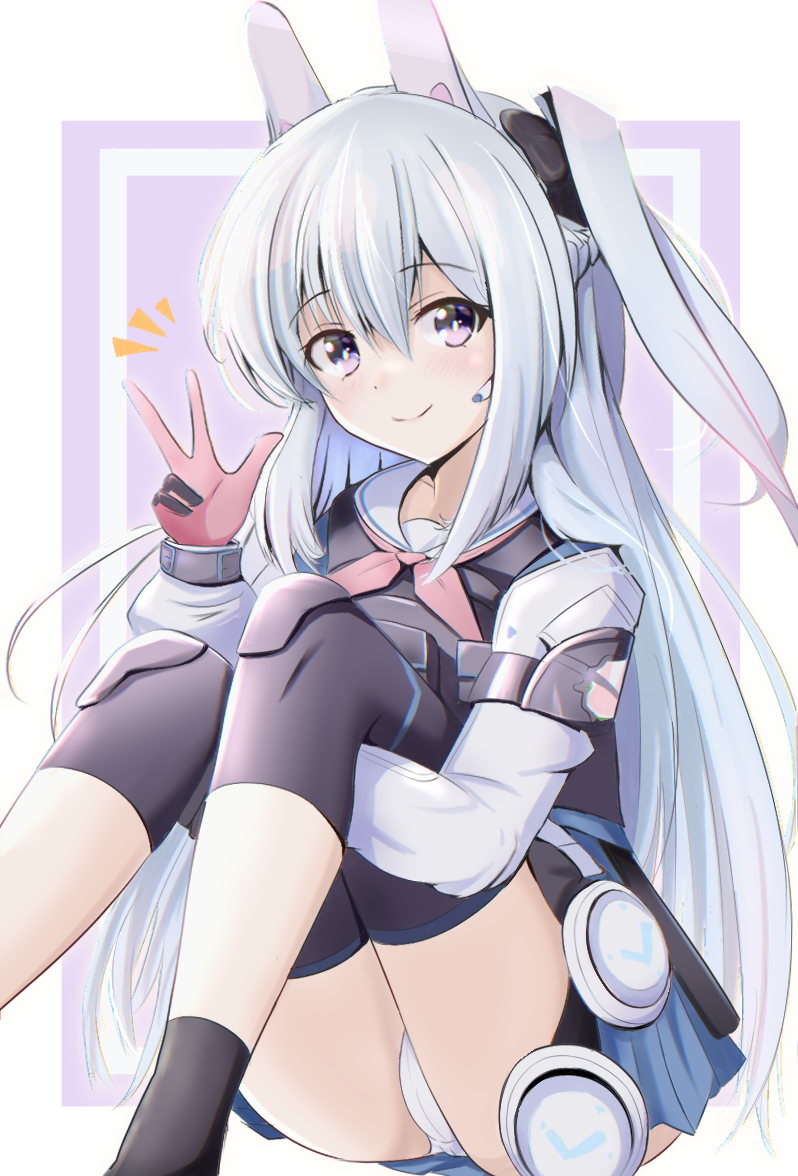 1girl, blue_archive, blush, commentary_request, gloves, knee_pads, long_hair, looking_at_viewer, miyako_(blue_archive), panties, pantyshot, rikki, school_uniform, silver_hair, smile, tactical_clothes, thighs, underwear, v, violet_eyes