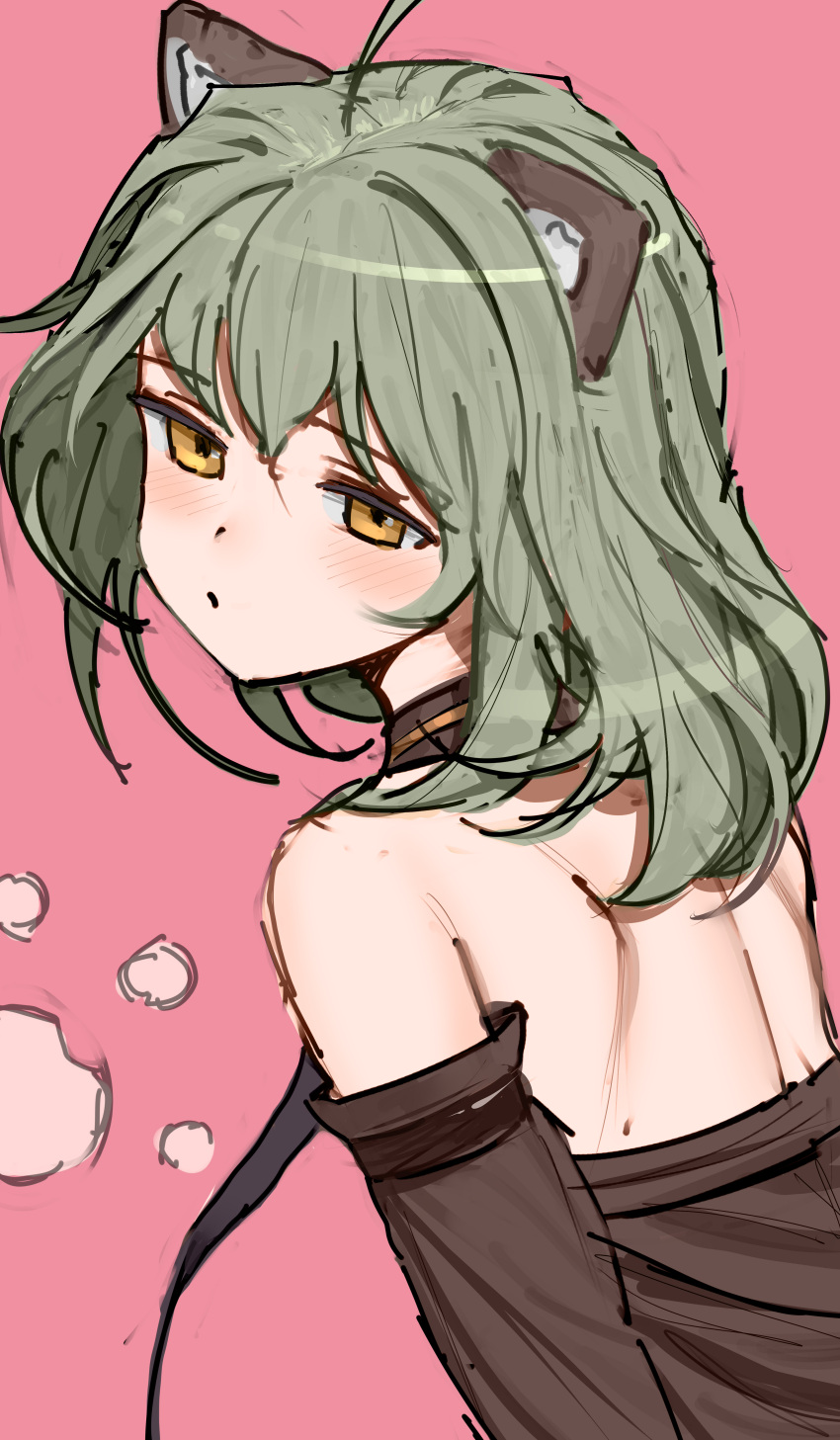 absurdres, ahoge, animal_ear_fluff, animal_ears, back, bangs, bare_shoulders, black_necktie