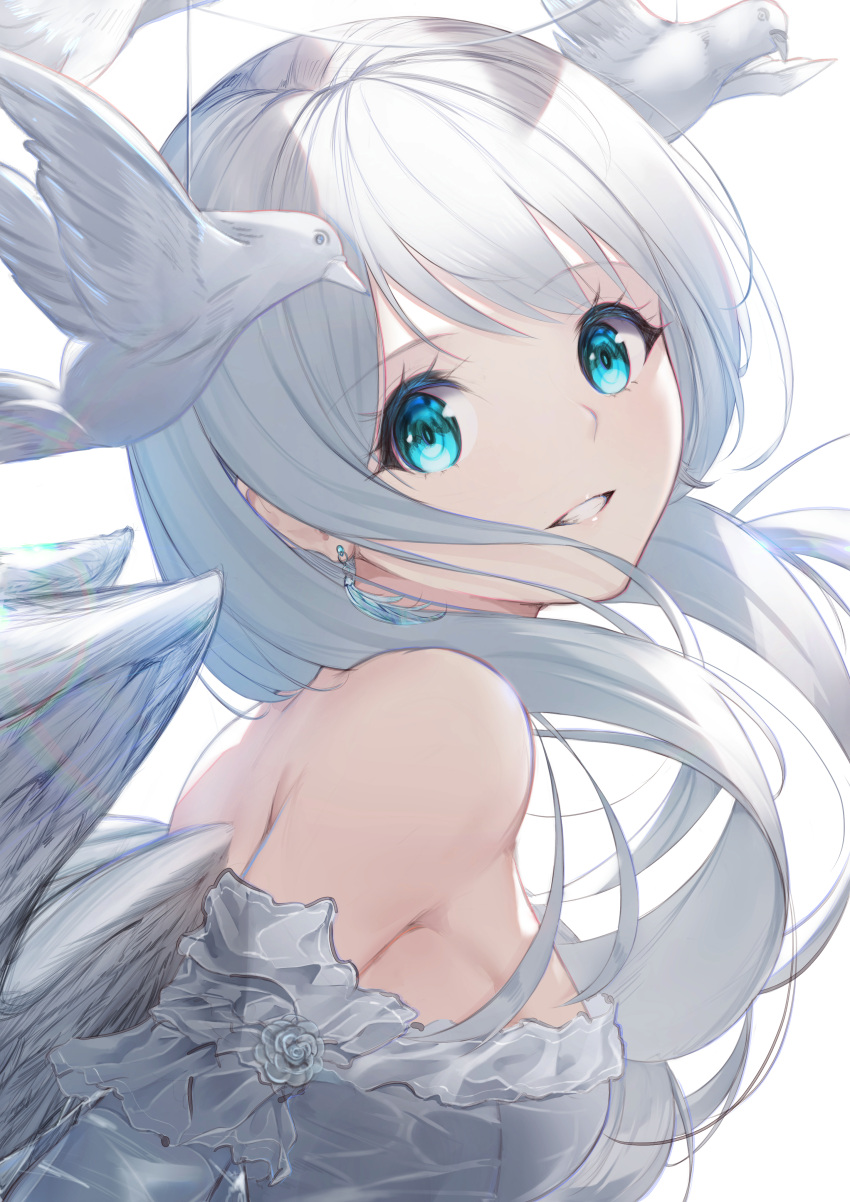 1girl, absurdres, angel_wings, bangs, bare_shoulders, bird, blue_eyes, breasts
