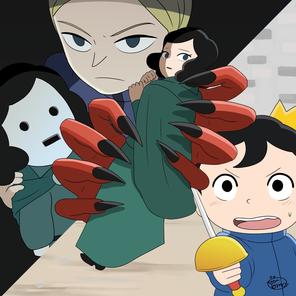1girl, 2boys, black_eyes, black_hair, bojji, child, colored_skin, crown