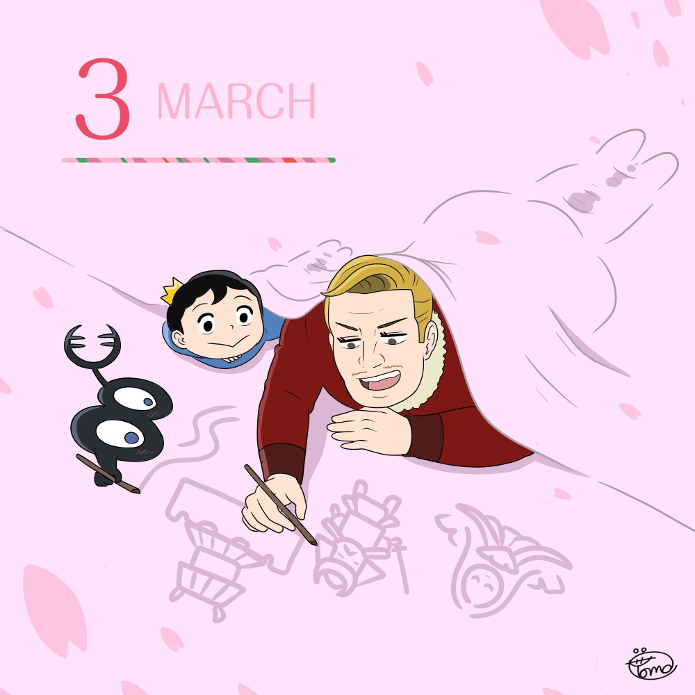 3boys, black_eyes, black_hair, bojji, cherry_blossoms, child, creature, crown, despa_(ousama_ranking), drawing, kage_(ousama_ranking), lying, male_focus, march, mini_crown, multiple_boys, official_style, on_stomach, ousama_ranking, short_hair, spring_(season), yorumo_(56922905)