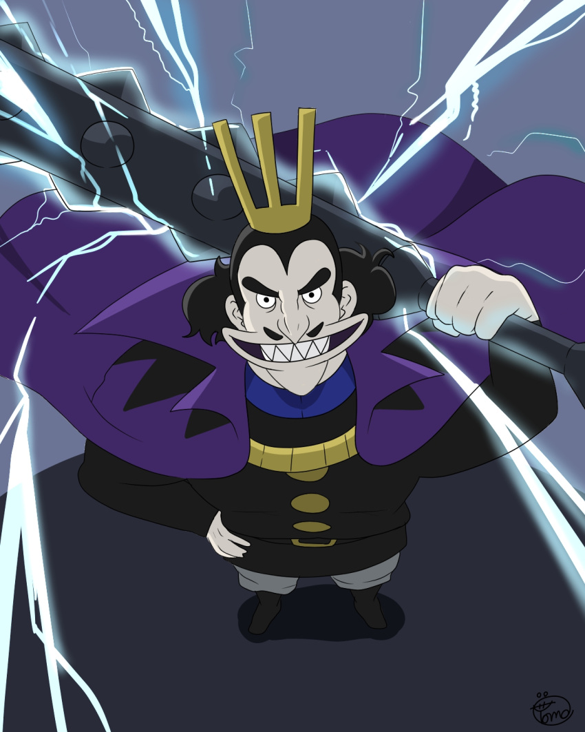 1boy, black_eyes, black_hair, cape, collared_cape, desha_(ousama_ranking), electricity, from_above