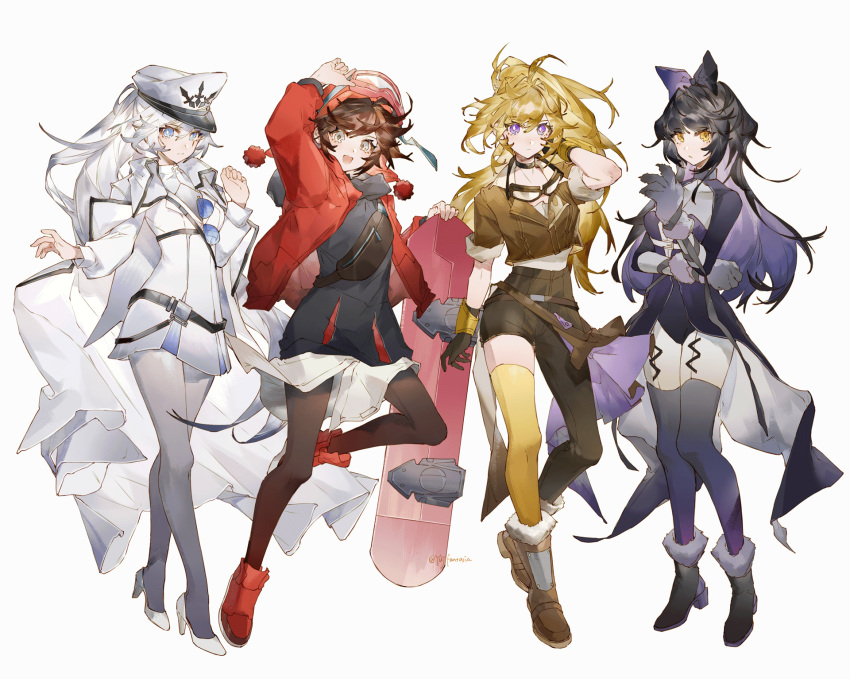 4girls, black_dress, black_hair, blake_belladonna, blonde_hair, blue_eyes, brown_hair, coat, dress, gloves, goggles, goggles_around_neck, goggles_on_headwear, grey_eyes, hair_ornament, hat, highres, long_hair, multiple_girls, ponytail, ruby_rose, rwby, short_hair, silver_hair, violet_eyes, weiss_schnee, white_dress, yang_xiao_long, yellow_eyes, yuji_(fantasia)