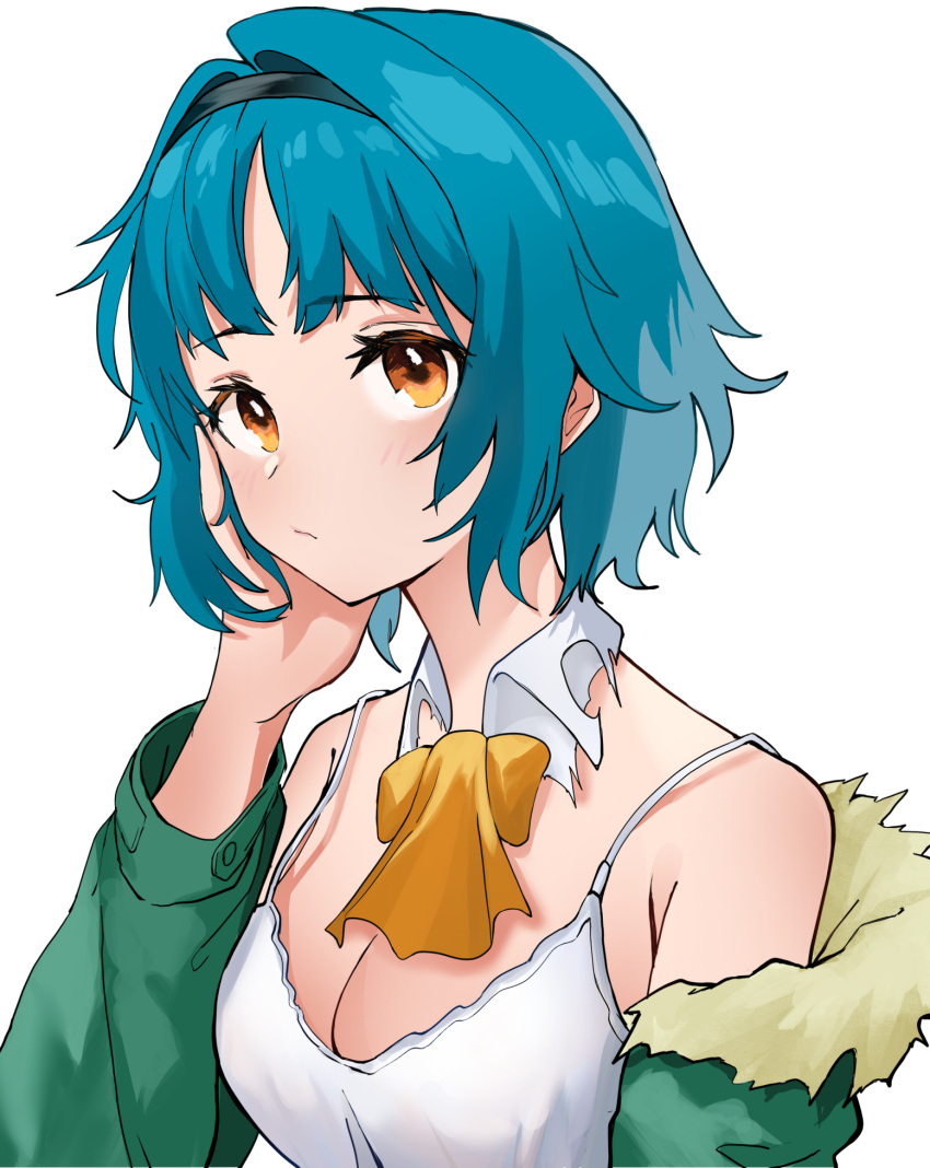 1girl, ahoge, bangs, bare_shoulders, blue_hair, blue_hairband, breasts, brown_eyes