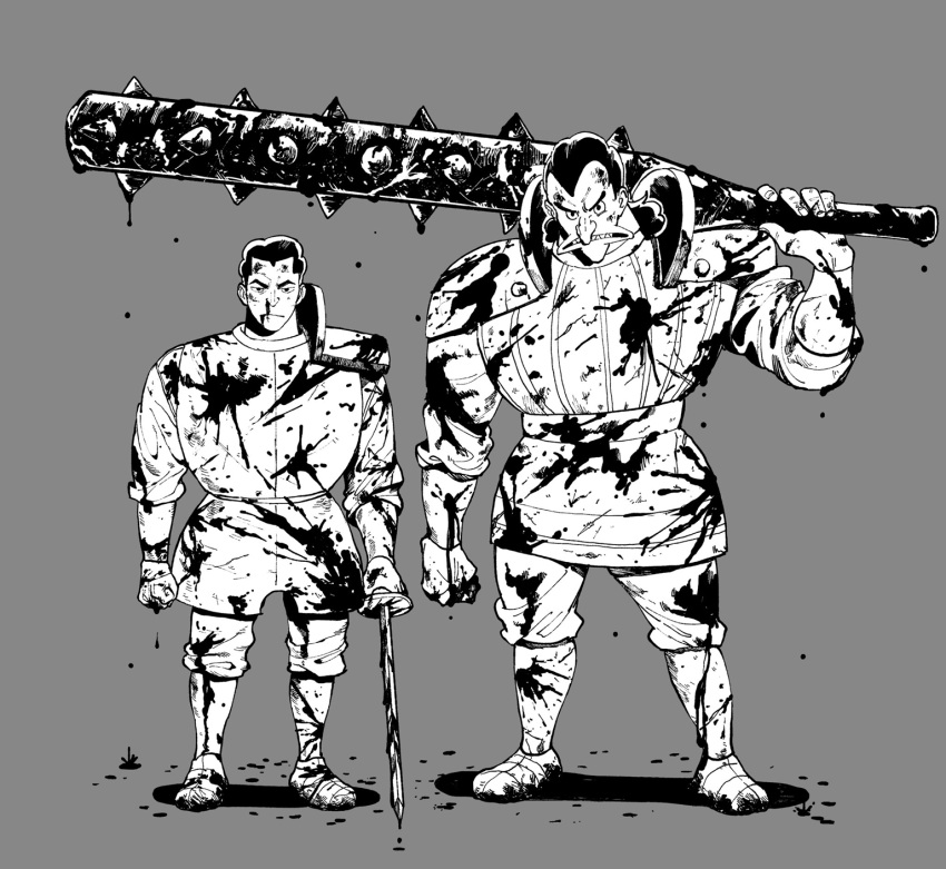 2boys, black_eyes, black_hair, blood, blood_on_clothes, blood_on_face, blood_on_weapon, blood_splatter