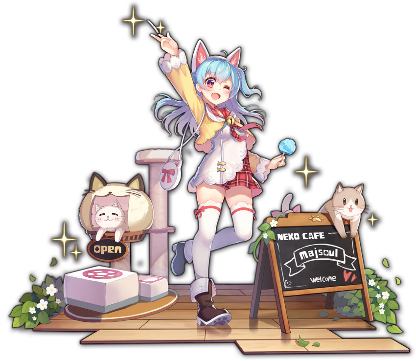 animal_ears, artist_request, bag, bell, blue_hair, boots, bow, cafe