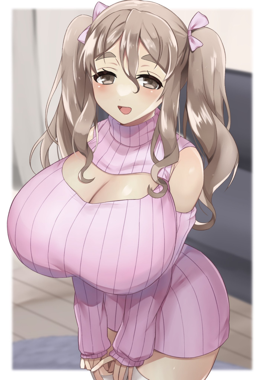 1girl, alternate_costume, alternate_hairstyle, breasts, brown_eyes, center_opening, cleavage_cutout, clothing_cutout, commentary_request, commission, cowboy_shot, dress, grey_hair, hair_between_eyes, highres, huge_breasts, kantai_collection, looking_at_viewer, meme_attire, open-chest_sweater, pola_(kancolle), ribbed_sweater, skeb_commission, solo, sweater, sweater_dress, thick_eyebrows, toriniku_senshi_chikinman, turtleneck, twintails, wavy_hair