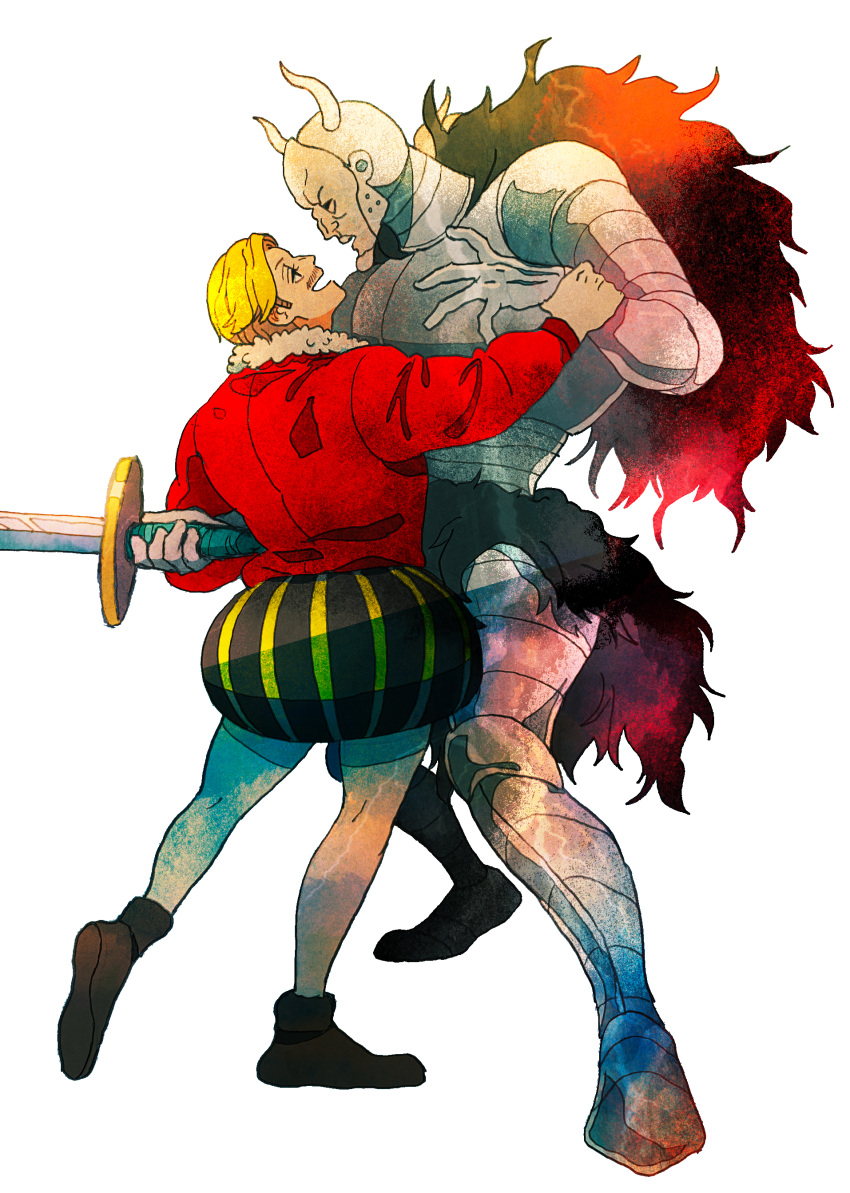 2boys, absurdres, armor, blonde_hair, brothers, despa_(ousama_ranking), facial_hair, fake_horns