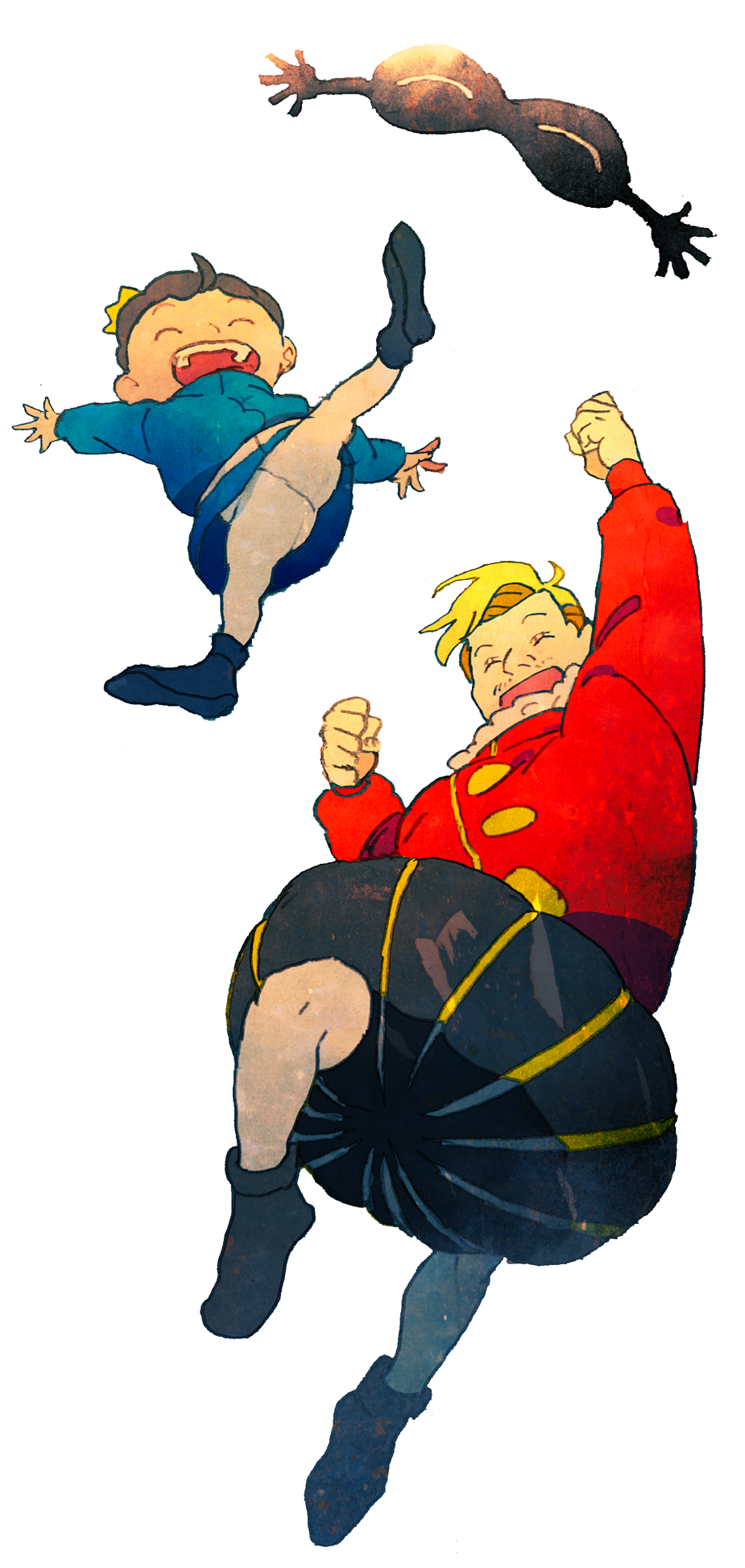 3boys, ^_^, black_eyes, black_hair, blonde_hair, bojji, closed_eyes, creature