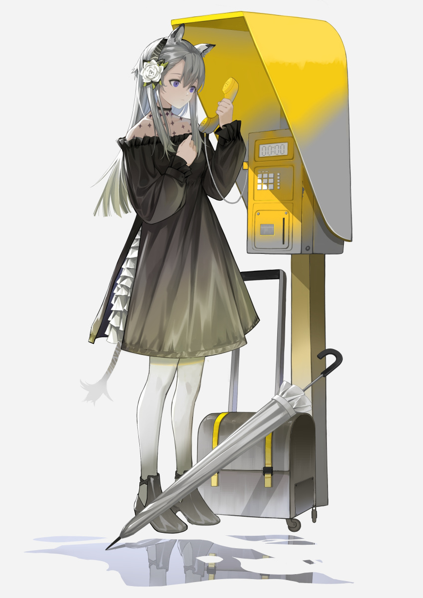 1girl, absurdres, animal_ears, arknights, bangs, black_dress, cigarette_p, closed_umbrella