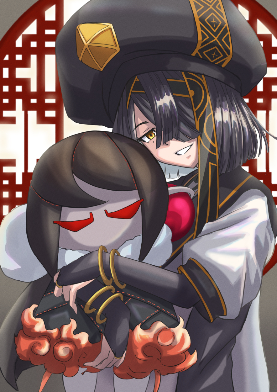 1girl, black_hair, black_headwear, bracelet, breasts, bridal_gauntlets, brown_eyes, chinese_clothes