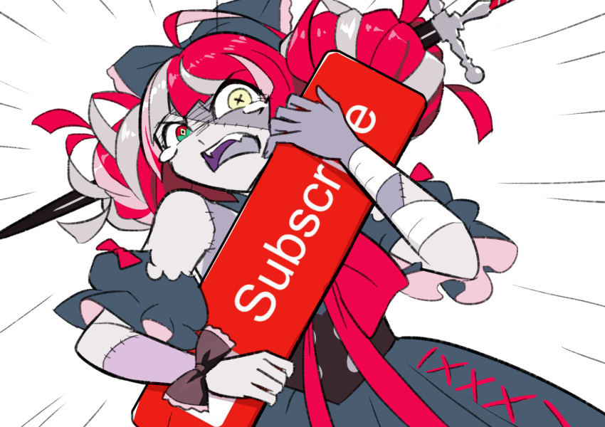 1girl, colored_skin, commentary, crying, crying_with_eyes_open, dress, english_commentary, english_text, grey_skin, hololive, hololive_english, hololive_indonesia, kureiji_ollie, lutherniel, mismatched_pupils, multicolored_skin, patchwork_skin, stitched_arm, stitched_face, stitches, subscribe_button, sword_in_head, tears, torn_clothes, torn_dress, two-tone_skin, white_background, x-shaped_pupils, youtube, zombie