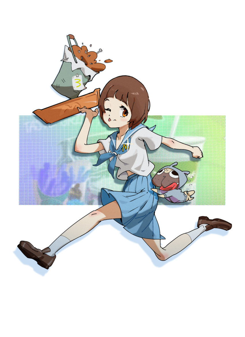 1girl, ;p, absurdres, bob_cut, brown_eyes, brown_hair, bucket, clenched_hand