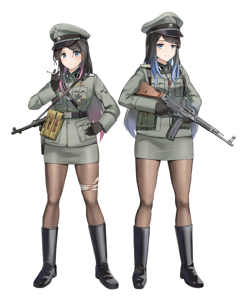 2girls, absurdres, assault_rifle, black_footwear, black_gloves, black_hair, black_legwear, blue_eyes