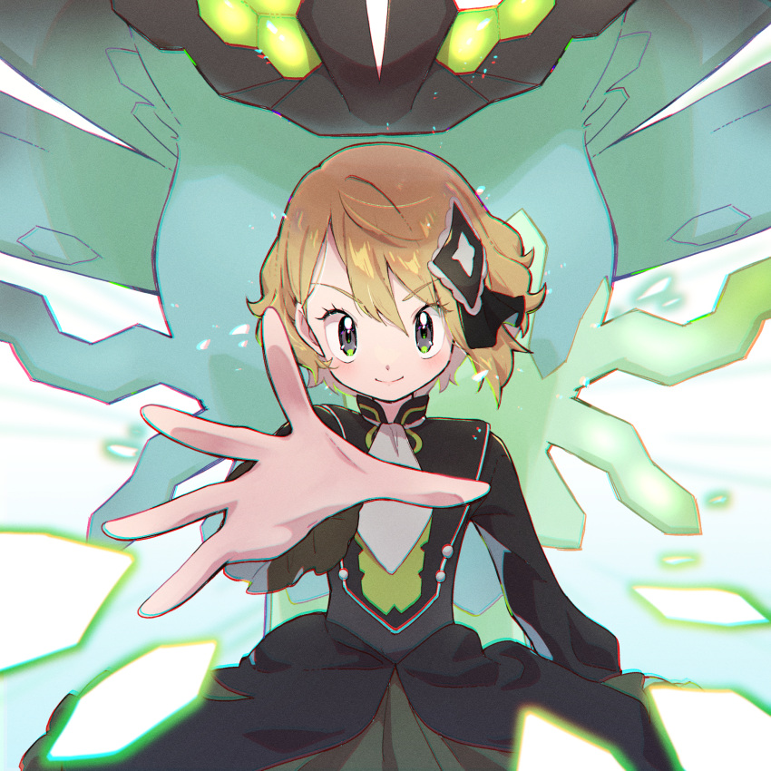 1girl, amesafu, ascot, bangs, black_dress, black_ribbon, blonde_hair, blurry