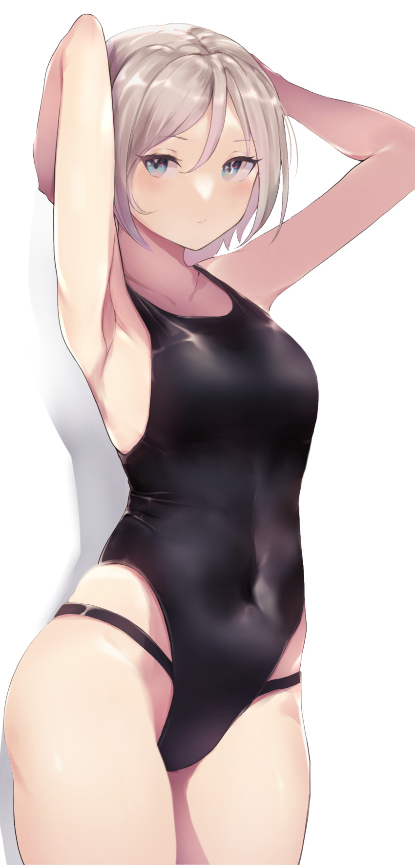 1girl, absurdres, arms_behind_head, arms_up, black_swimsuit, breasts, brown_eyes, commentary_request