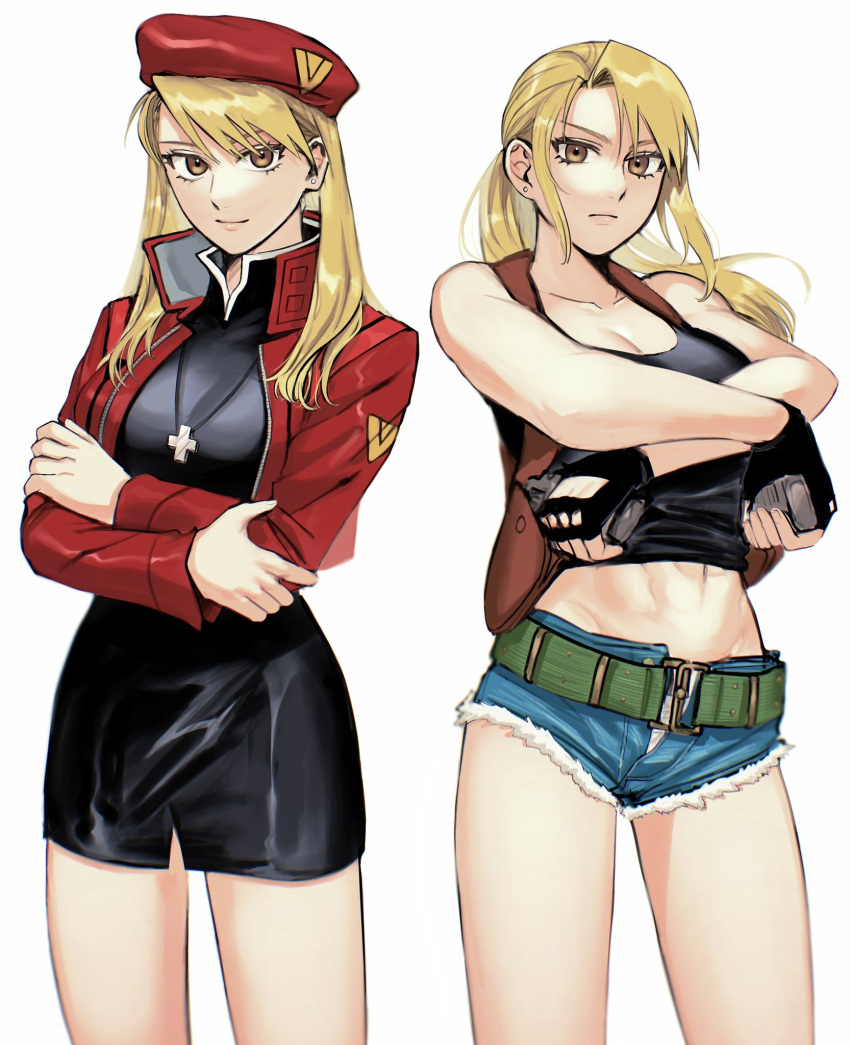 bare_shoulders, beret, black_dress, black_gloves, black_lagoon, black_tank_top, blonde_hair, breasts, closed_mouth, collarbone, cosplay, cross, crossed_arms, denim, denim_shorts, dress, earrings, fingerless_gloves, fullmetal_alchemist, gloves, green_belt, gun, hat, highres, holding, holding_gun, holding_weapon, jacket, jewelry, katsuragi_misato, katsuragi_misato_(cosplay), light_frown, long_hair, looking_at_viewer, neon_genesis_evangelion, open_clothes, open_fly, open_jacket, ozaki_(tsukiko3), panties, red_headwear, red_jacket, revy_(black_lagoon), revy_(black_lagoon)_(cosplay), riza_hawkeye, short_shorts, shorts, stud_earrings, tank_top, thighs, underwear, weapon, white_panties, zipper