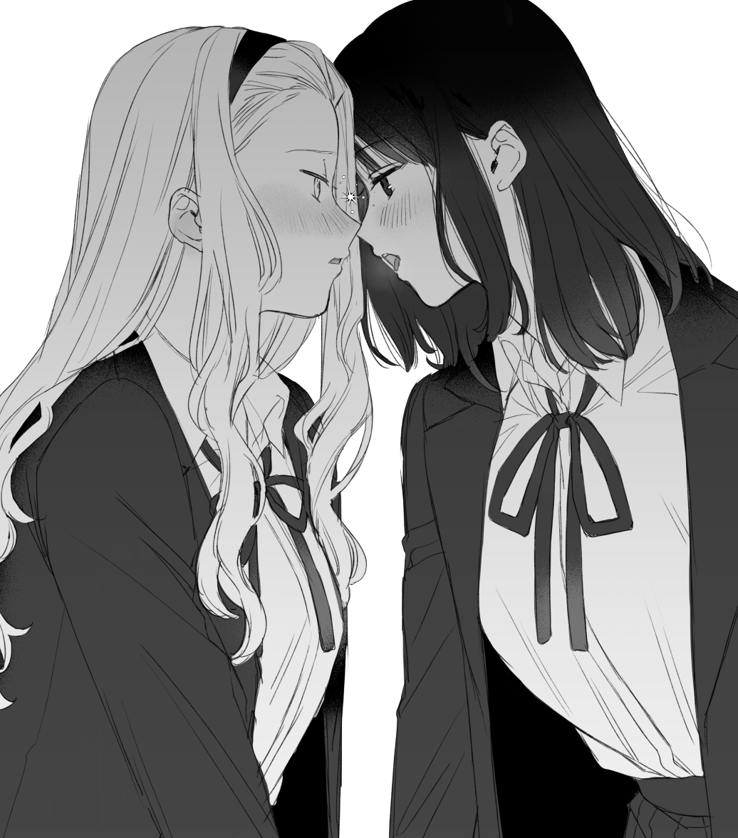2girls, bangs, bangs_pinned_back, blush, bolo_tie, eye_contact, hairband, imminent_kiss