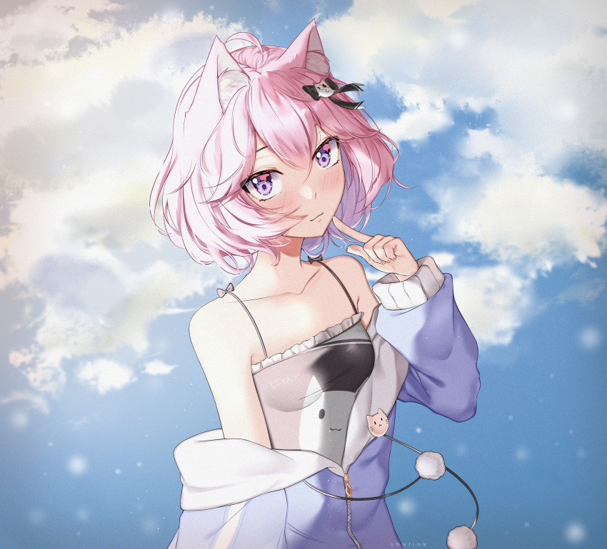 1girl, absurdres, ahoge, animal_ear_fluff, animal_ears, bangs, blue_sky, blush, bow, camisole, cat_ears, cat_girl, hair_between_eyes, hair_ornament, highres, indie_virtual_youtuber, looking_at_viewer, nyatasha_nyanners, off_shoulder, pink_hair, shalink, sky, smile, solo, violet_eyes, virtual_youtuber, vshojo