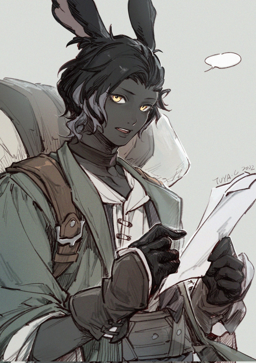 1boy, animal_ears, backpack, bag, black_gloves, black_hair, black_skin, blank_speech_bubble