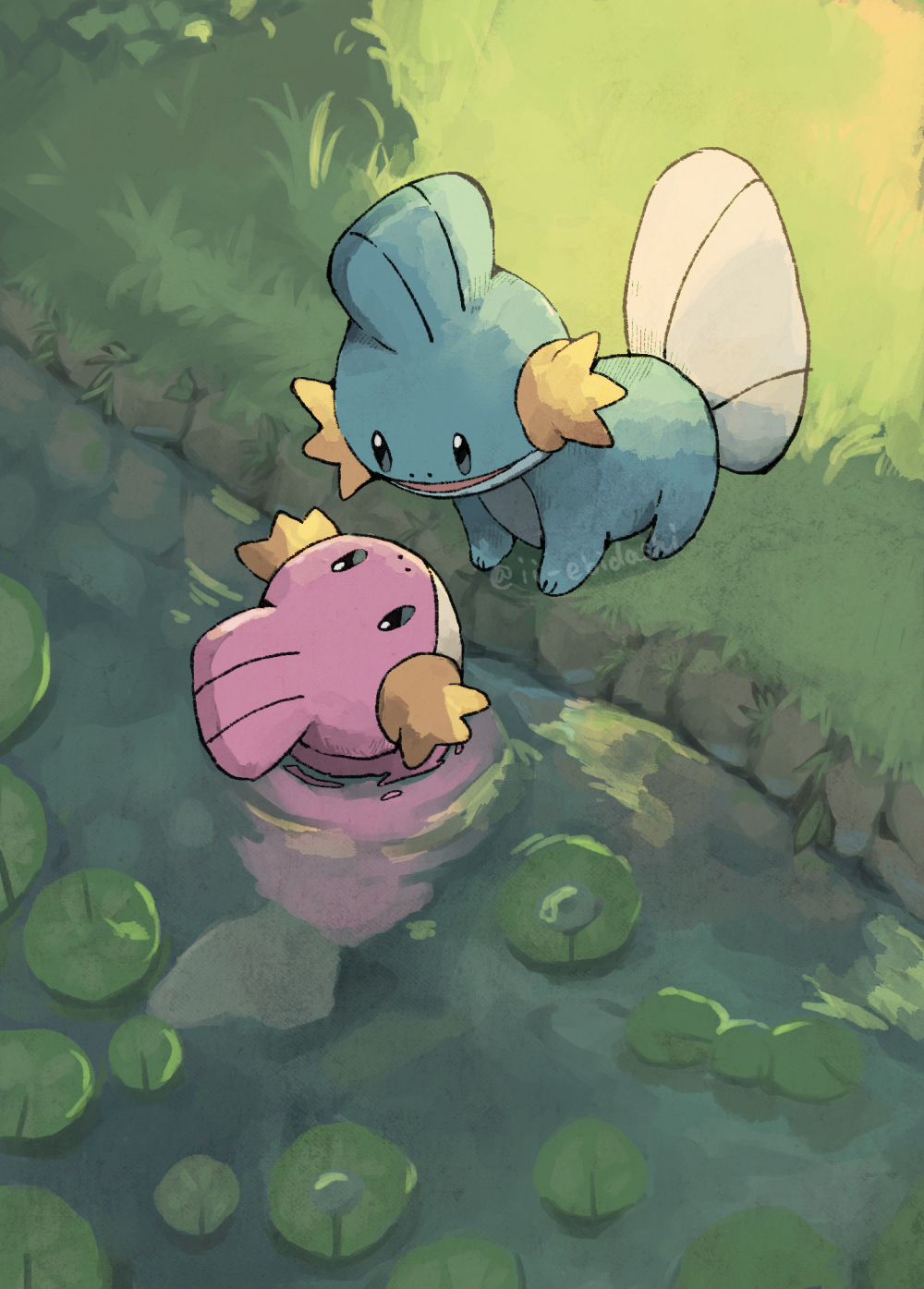 alternate_color, closed_mouth, commentary_request, day, eye_contact, from_above, grass, highres, ii_ebidashi, lily_pad, looking_at_another, mudkip, no_humans, outdoors, pokemon, pokemon_(creature), shiny_pokemon, smile, water