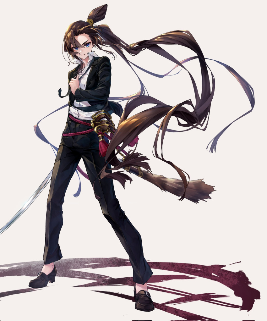 1girl, alternate_costume, black_hair, black_necktie, black_pants, blue_eyes, closed_mouth, collared_shirt, commentary, contemporary, fate/grand_order, fate_(series), floating_hair, formal, full_body, hair_bun, highres, holding, holding_sword, holding_weapon, katana, long_hair, long_sleeves, looking_at_viewer, necktie, pants, removing_neckwear, serious, shadow, sheath, shirt, side_ponytail, simple_background, solo, suit, sword, tachibana_komoro, ushiwakamaru_(fate), very_long_hair, weapon, white_background, white_shirt