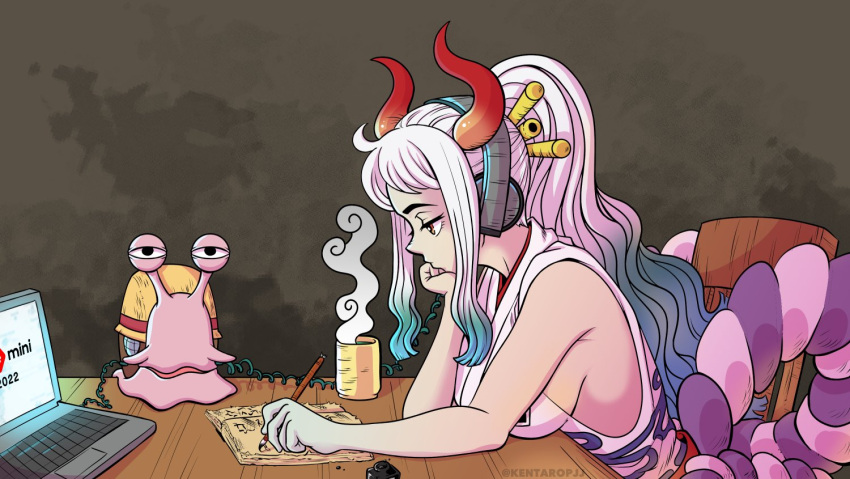 1girl, arm_rest, blue_hair, breasts, brush, calligraphy_brush, chair, closed_mouth, computer, cup, curled_horns, den_den_mushi, drawing, elbow_rest, english_commentary, from_side, green_hair, hair_ornament, hair_stick, half-closed_eye, hand_on_own_cheek, hand_on_own_face, head_rest, headphones, holding, holding_brush, horns, indoors, ink, ink_bottle, james_valle, japanese_clothes, kimono, laptop, leaning_forward, looking_at_object, multicolored_hair, multicolored_horns, one_piece, oni, paintbrush, red_horns, rope, shimenawa, sideboob, sitting, sleeveless, sleeveless_kimono, solo_focus, steam, table, twitter_username, upper_body, white_hair, wooden_chair, wooden_table, yamato_(one_piece)