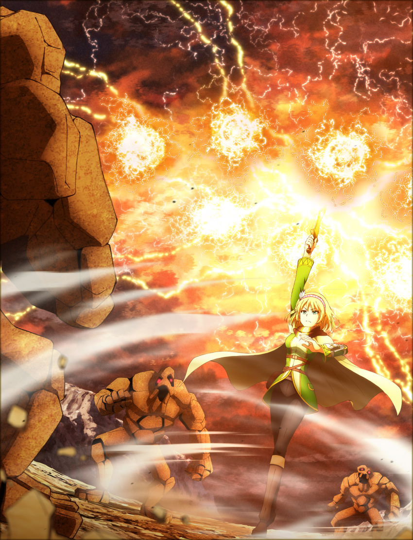 1girl, absurdres, arm_up, blonde_hair, blue_eyes, boots, cape, cayna_(leadale_no_daichi_nite)