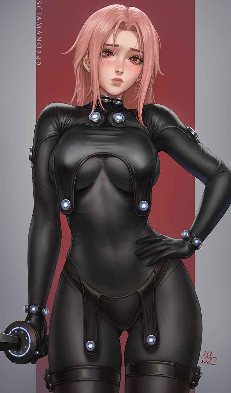 1girl, artist_name, black_bodysuit, blush, bodysuit, breasts, closed_mouth, commentary