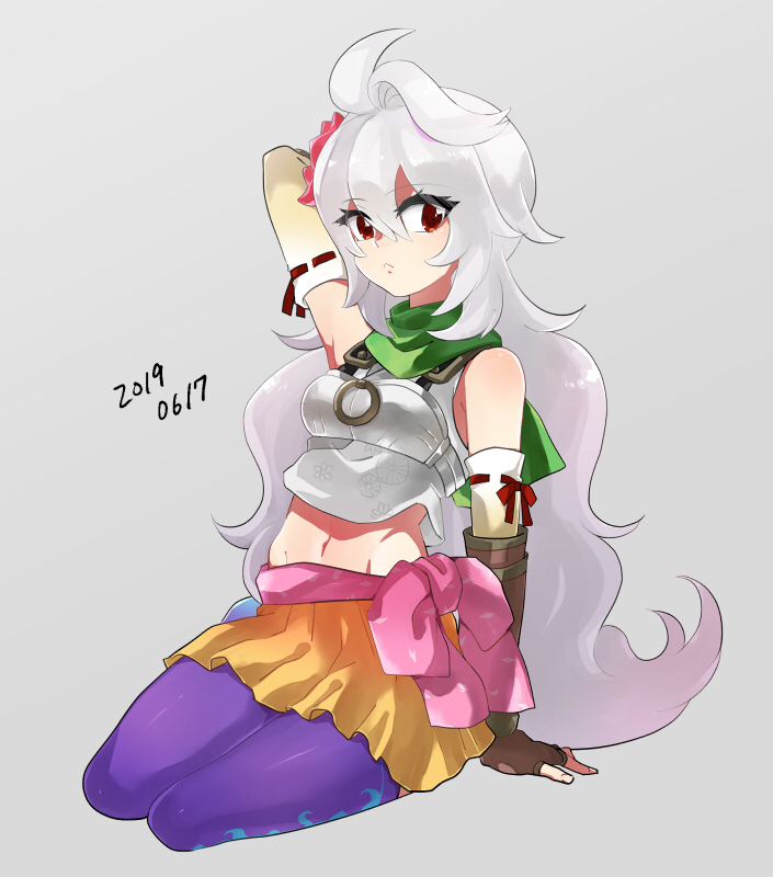 1girl, closed_mouth, dated, emperors_saga, fingerless_gloves, flower, gloves, hair_flower, hair_ornament, hcsb, long_hair, looking_at_viewer, maka_(saga), midriff, navel, pantyhose, red_eyes, saga, scarf, simple_background, skirt, solo, white_hair